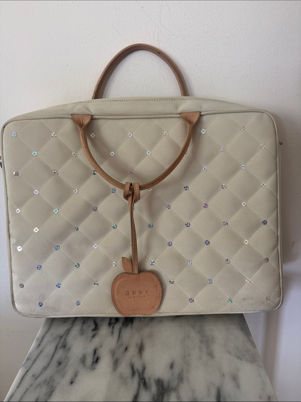 Abbi Cream Quilted Laptop Bag with Crystal Studs and Tan Trim